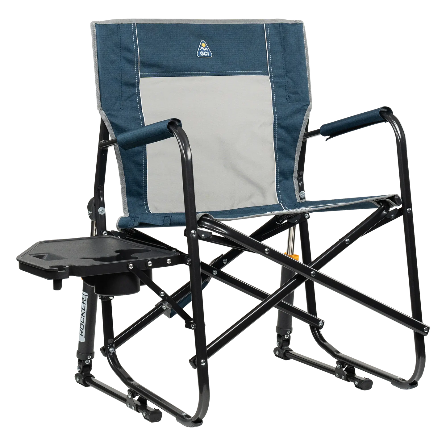 Luxury Camp Freestyle Rocker with Side Table - Choice 853 - Patented Spring-Action Rocking Chair for Camping - Heathered Indigo