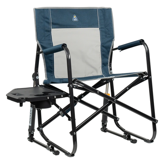 Luxury Camp Freestyle Rocker with Side Table - Choice 853 - Patented Spring-Action Rocking Chair for Camping - Heathered Indigo