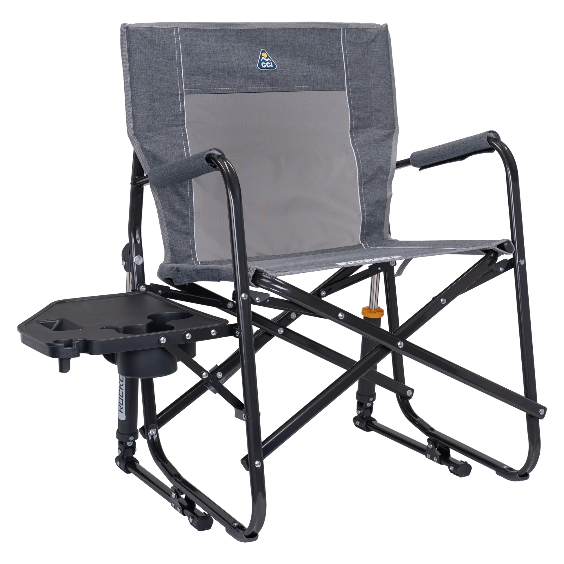 Luxury Camp Freestyle Rocker with Side Table - Choice 853 - Patented Spring-Action Rocking Chair for Camping - Heathered Pewter