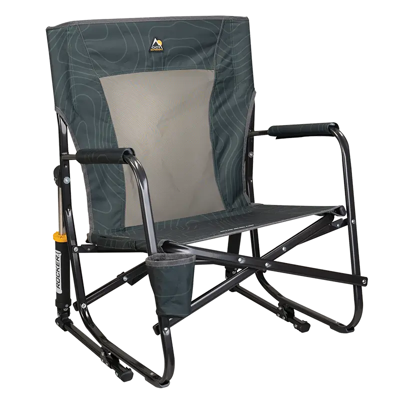 Luxury Camp FirePit Rocker - Choice 737 - Heavy-Duty Kickback Rocker with Beverage Holder - Hunter Topo