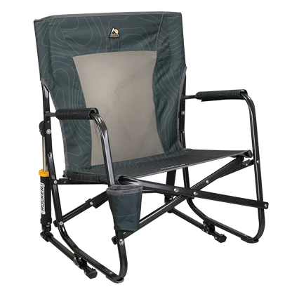 Luxury Camp FirePit Rocker - Choice 737 - Heavy-Duty Kickback Rocker with Beverage Holder - Hunter Topo