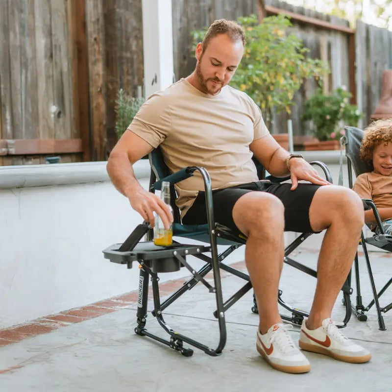 Luxury Camp Freestyle Rocker with Side Table - Choice 853 - Patented Spring-Action Rocking Chair for Camping Detail