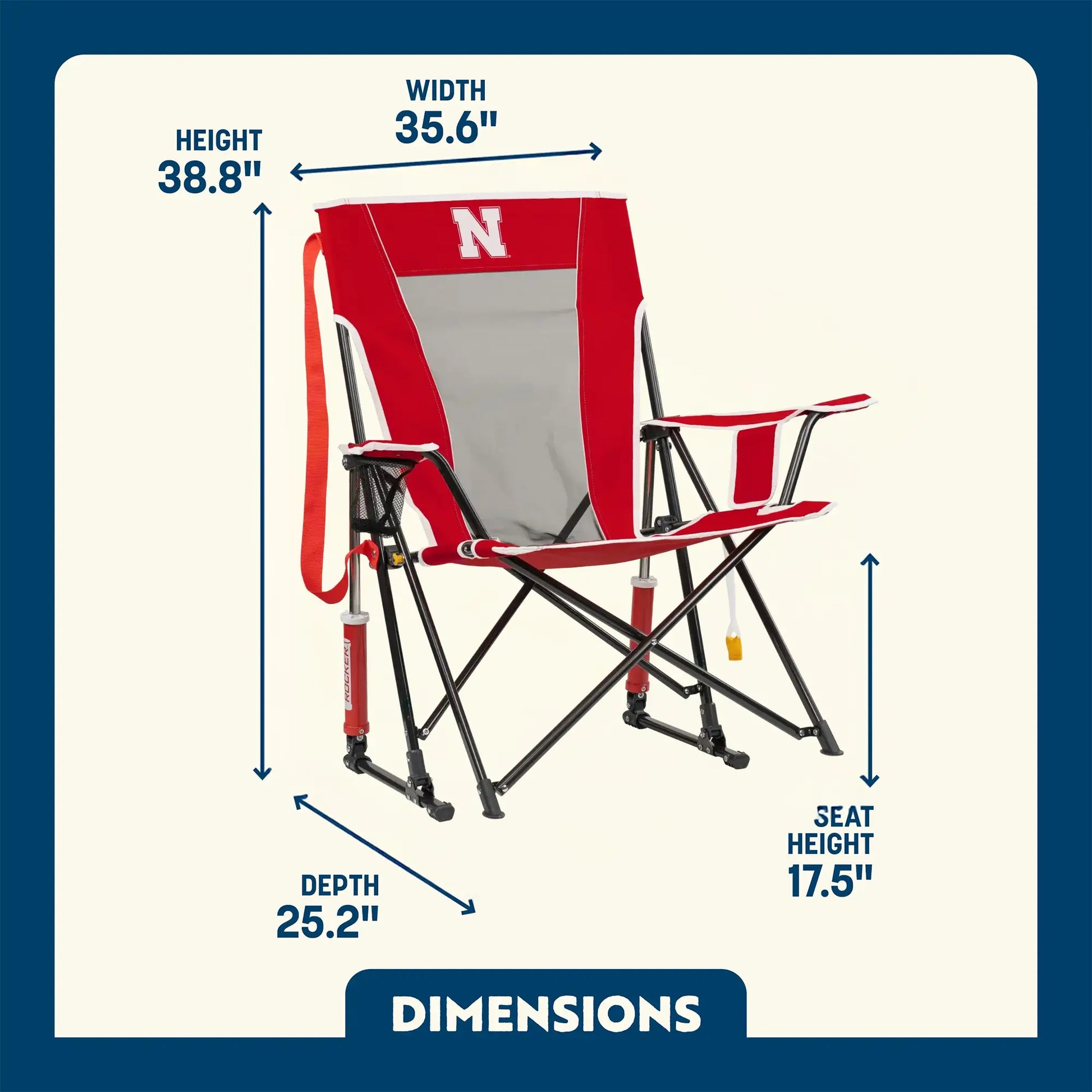 Ultra-Lightweight College Comfort Pro Rocker - Nebraska Cornhuskers - Choice 161 - Grandstand Cushion Seat with Secure Under-Bench Hooks Detail