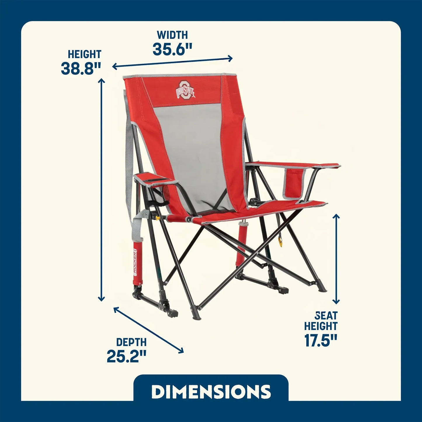 Ergonomic Back-Support College Comfort Pro Rocker - Ohio State Buckeyes - Choice 676 - Grandstand Cushion Seat with Secure Under-Bench Hooks Detail