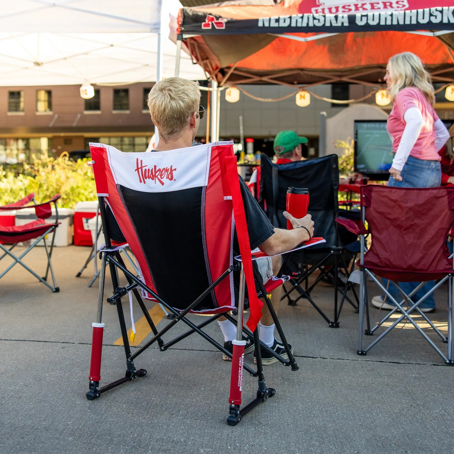 Ultra-Lightweight College Comfort Pro Rocker - Nebraska Cornhuskers - Choice 161 - Grandstand Cushion Seat with Secure Under-Bench Hooks Detail