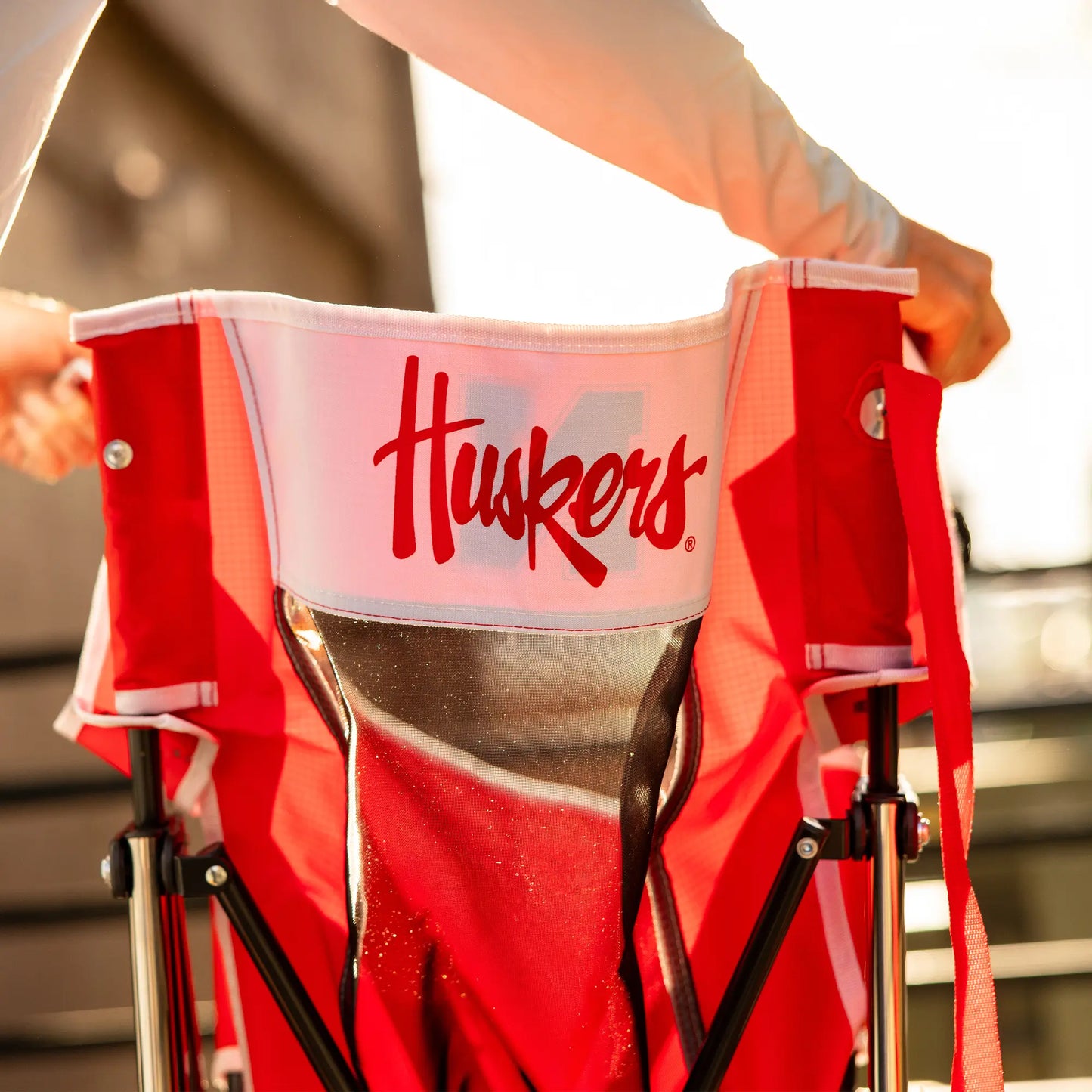 Ultra-Lightweight College Comfort Pro Rocker - Nebraska Cornhuskers - Choice 161 - Grandstand Cushion Seat with Secure Under-Bench Hooks Detail