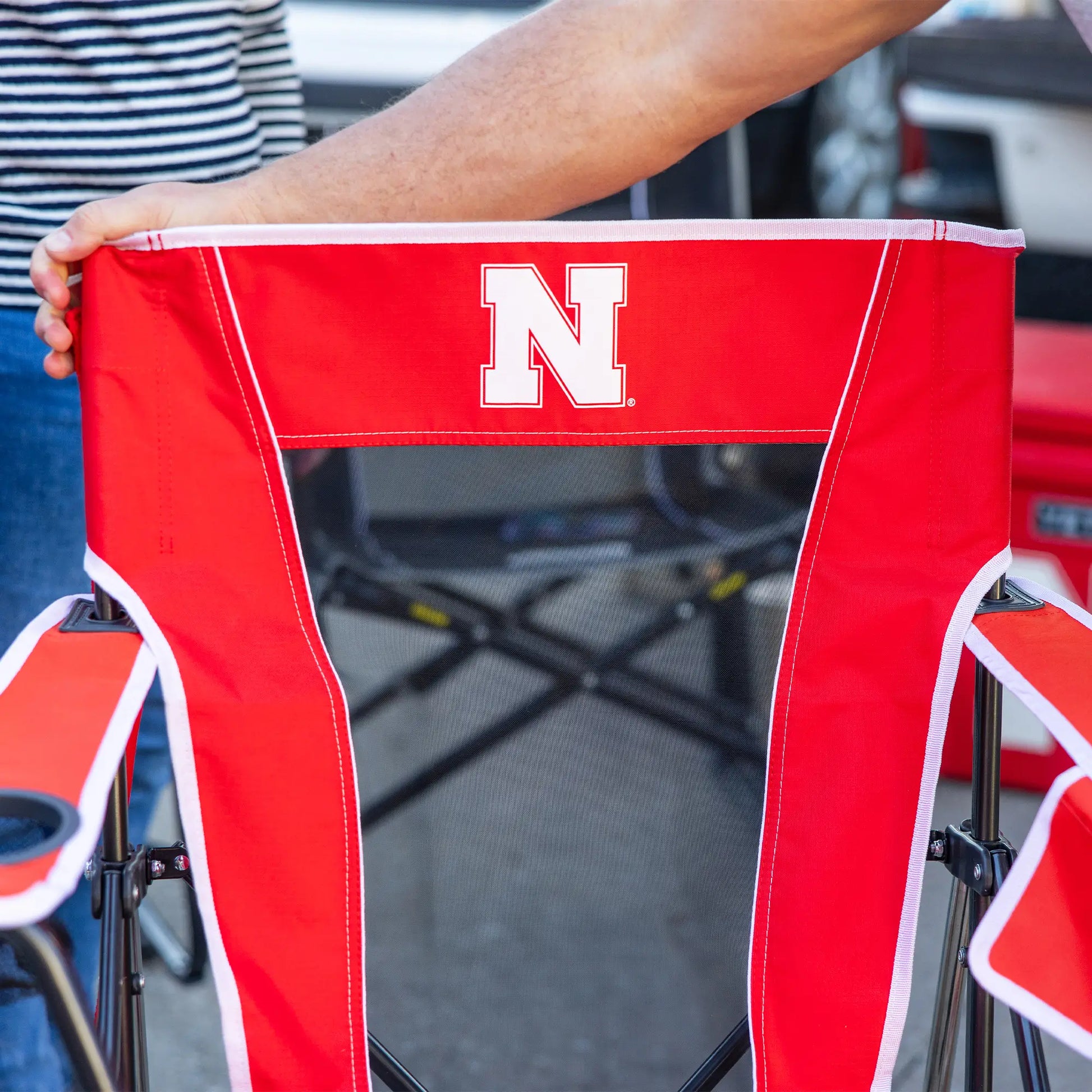 Ultra-Lightweight College Comfort Pro Rocker - Nebraska Cornhuskers - Choice 161 - Grandstand Cushion Seat with Secure Under-Bench Hooks Detail