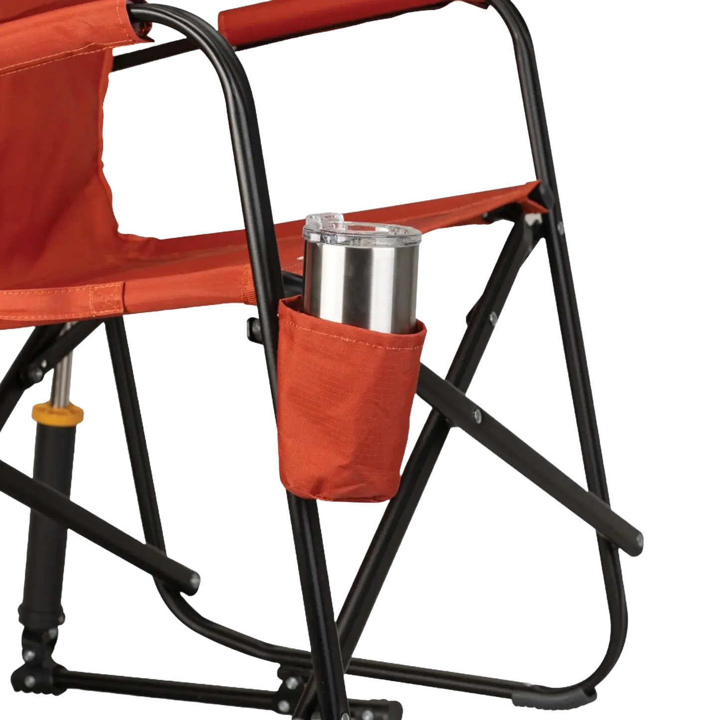 Luxury Camp Freestyle Rocker - Pumpkin Spice - Choice 373 - Heavy-Duty Kickback Rocker with Beverage Holder Detail