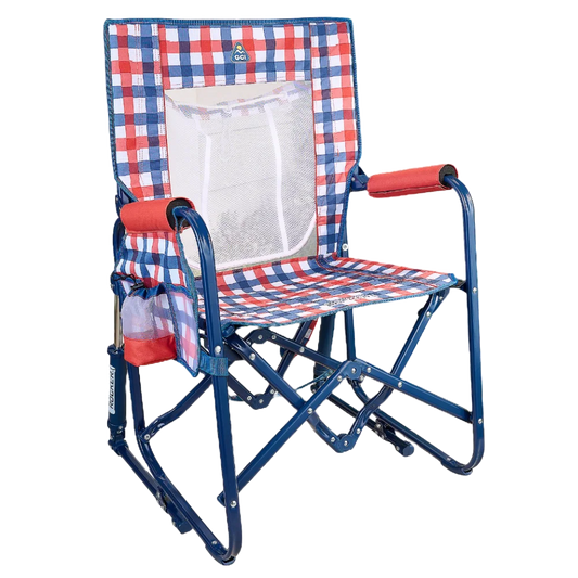 Premium All-Weather Stowaway Rocker with Storage Pouch - Choice 573 - Freestyle Rocker Portable Outdoor Folding Chair - Patriotic Plaid