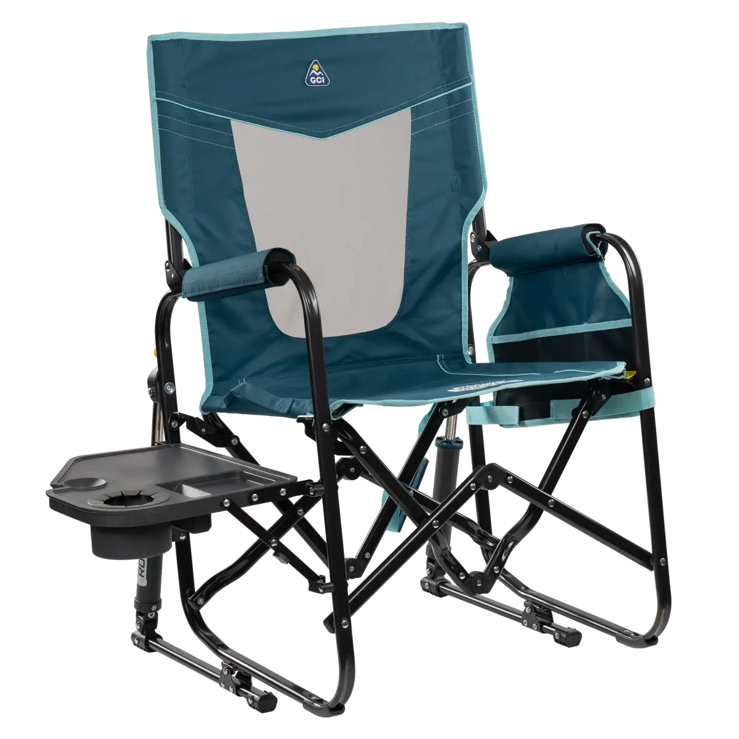 Smooth Motion Stowaway Rocker with Side Table - Choice 253 - Patented Spring-Action Rocking Chair for Camping - Teal