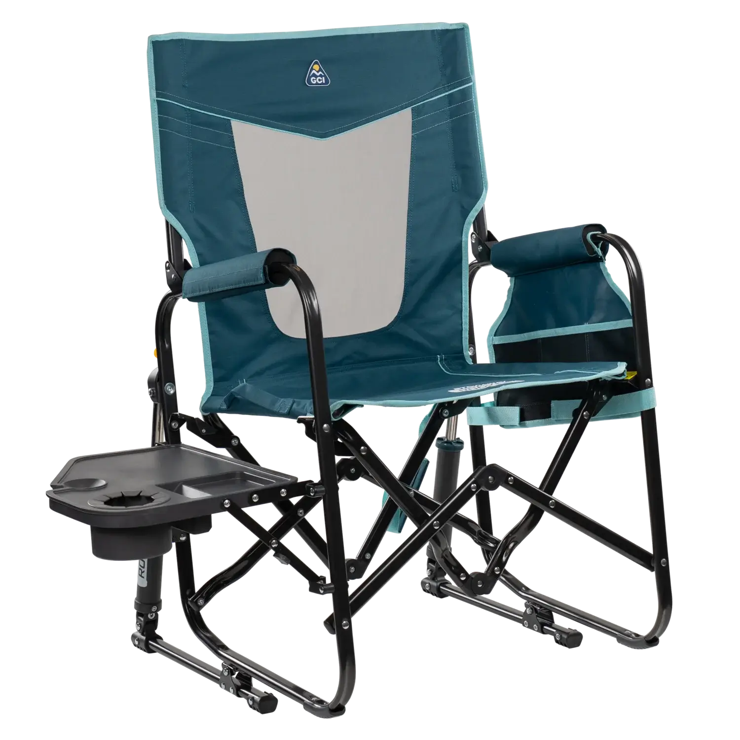 Smooth Motion Stowaway Rocker with Side Table - Choice 253 - Patented Spring-Action Rocking Chair for Camping - Teal